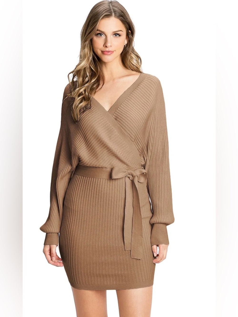 LOVE TREE Ribbed Wrap Sweater Dress in Camel